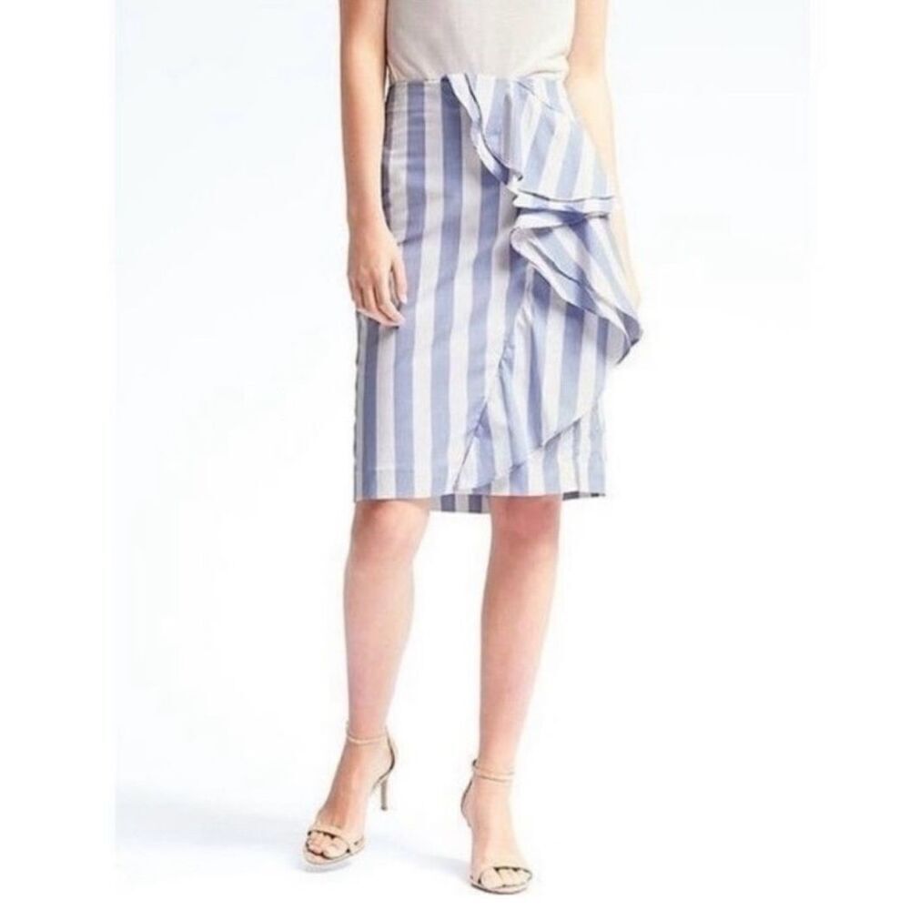 Banana Republic Blue and White Stripe Lined Pencil Skirt With Ruffle Size 4